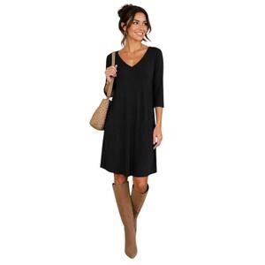 Eileen Fisher Black Stretch Knit V-Neck Dress - Size M